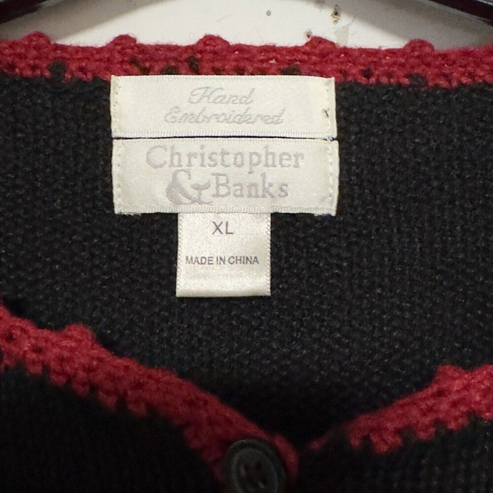 Vintage Christopher Banks Hand Embroidered Black Red Sweater Beaded Cardigan XL - Picture 6 of 13